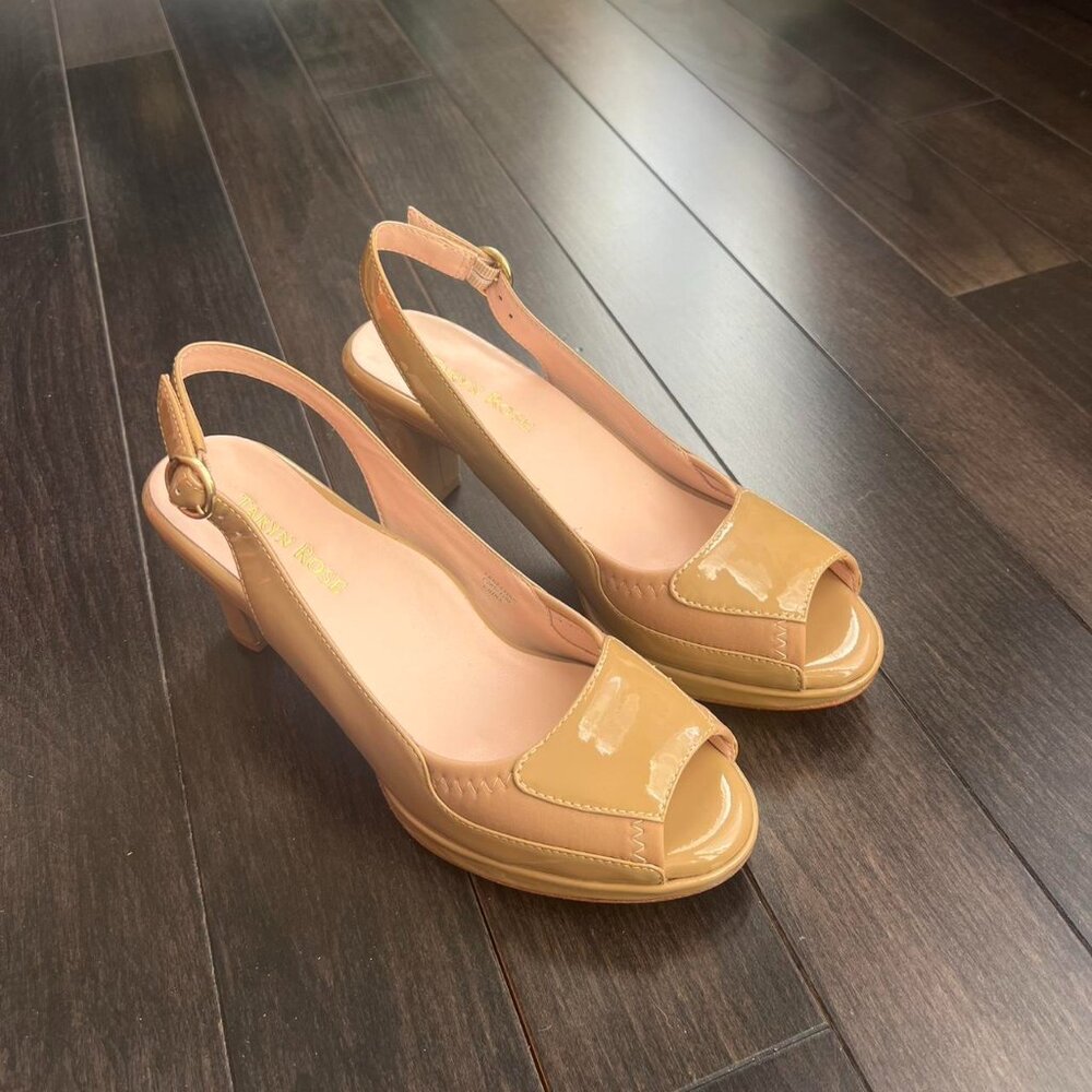 Taryn Rose Tan Patent Leather Peep Toe Slingback Heels Nude Pumps - 6.5